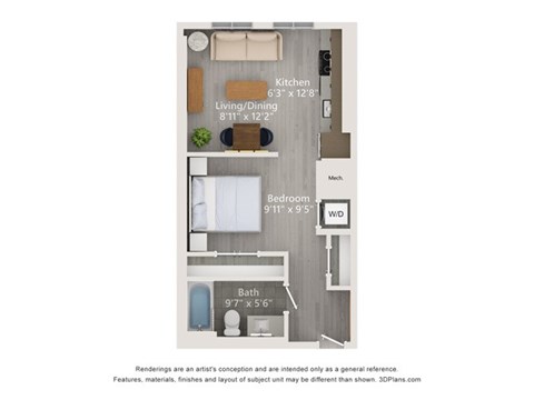 A floor plan of a small apartment with a kitchen, living room, bedroom, and bathroom.